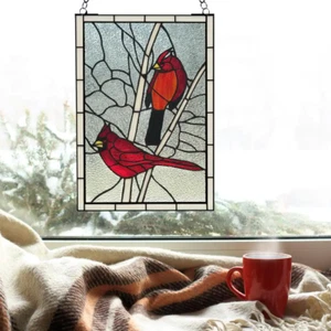 Window Panel Stained Glass Handcrafted Red Northern Cardinal Songbird NEW - Picture 1 of 11