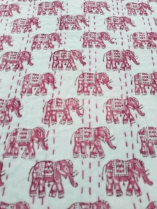 Elephant Handmade Cotton Kantha Quilt Block Print King Size Bedspread - Picture 1 of 6