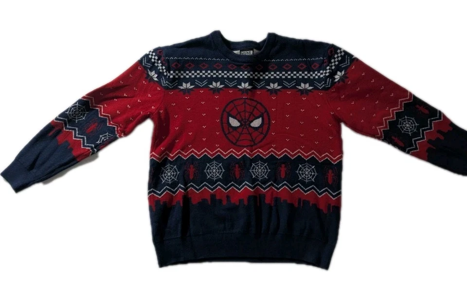 Marvel Spider-Man Navidad Suéter Juvenil Grande YL Rojo Azul Ur Universo Vacaciones Foto 1 de 4