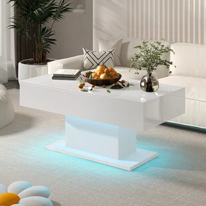High Gloss Coffee Table LED Lights Cocktail Sofa Table for Living Room White - Picture 1 of 13