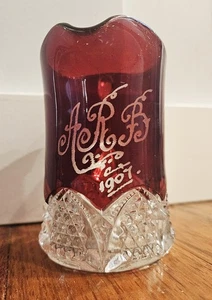 Antique Ruby Flash EAPG Cut Glass Creamer Pitcher 3.75" Engraved 1907 - Picture 1 of 16