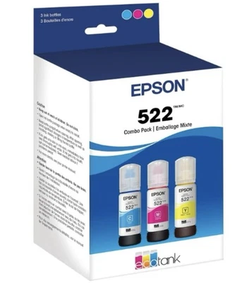 Garrafas de tinta Epson 522 EcoTank coloridas CMY 3 pacotes alta capacidade T522520-S fabricante de equipamento original NOVO - Imagem 1 de 2