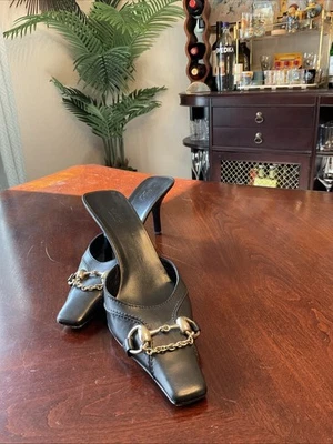 Gucci Monogram Canvas And Leather Studded Black Pumps With Horse Bit Size 9 B - Image 1 of 4