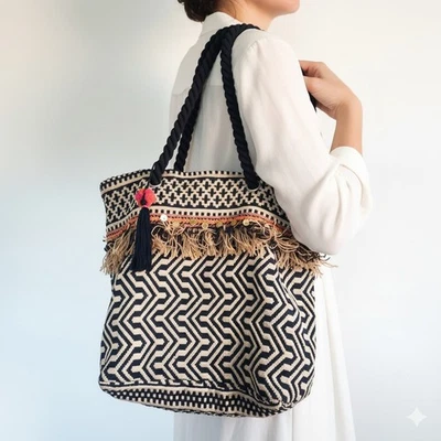 C&C California Woven Jute Tote Shoulder Bag Boho Fringe Navy Cream Coins Hippie - Image 1 of 4