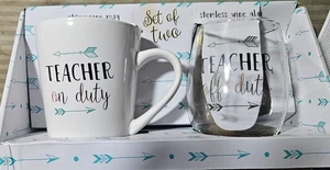 Home Essentials Stoneware TEACHER ON DUTY MUG & Stemless WINE GLASS "OFF DUTY"  - Picture 1 of 4
