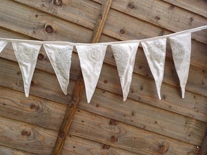 Beautiful neutrals Upcycled Sari Festival Bunting. Party/ wedding. beige satin. - Picture 1 of 9