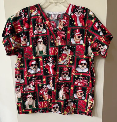 M ScrubsXpress Women's Black Red Polar Bear Santa Christmas Festive Scrub Top* - Image 1 of 4