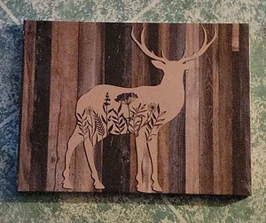 16"X12" Leuchtende Hirsch Silouette mit Blumen Holzoptik Hintergrund Leinwand Wanddeko - Bild 1 von 4