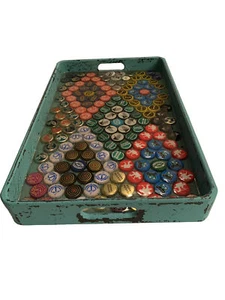 Very Unique Beer Cap diamond pattern epoxy resin Rustic Barware serving Tray - Picture 1 of 6