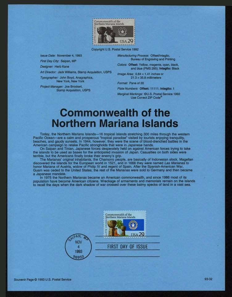 USA, SCOTT # 2804, SOUVENIR PAGE YEAR 1993 COMMONWEALTH OF THE MARIANA ISLANDS - Image 1 of 1