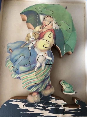 Antique 1920s Zigity-Zagity April Showers Wood Jigsaw Puzzle Toy Hand Made W/Box - Image 1 of 4