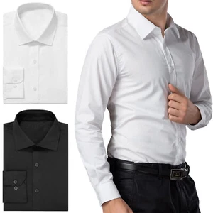 Men's Long Sleeve Button Up Dress Shirts Solid Slim Fit Casual Business Formal - Picture 1 of 39