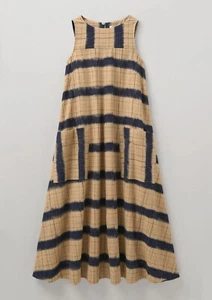 VESTIDO DE ALGODÓN IKAT ARENA TOSTADA/LAPIS CHEQUE TALLA REINO UNIDO 10 *PRECIO DE VENTA SUGERIDO POR EL FABRICANTE £295 *AGOTADO - Imagen 1 de 5