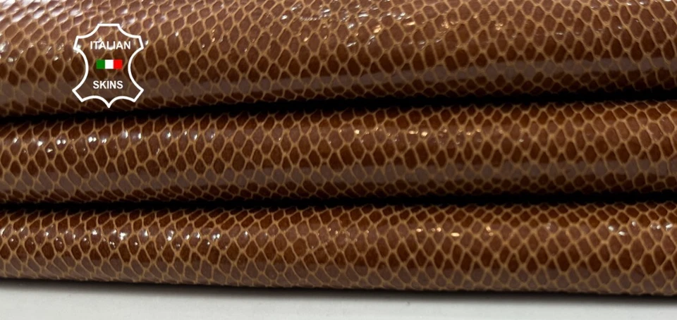 BROWN SHINY SNAKE PRINT ON Soft Italian Goatskin Goat Leather 3sqf 0.7mm #C4871 - Image 1 of 4