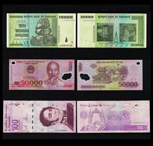 10 Trillion Dollars Zimbabwe AA 2008 50,000 Dong Vietnam 100 Digitales Venezuela - Picture 1 of 3