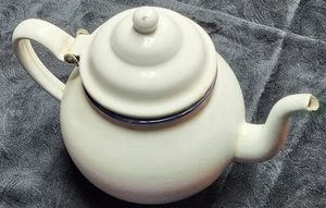 Teapot White Enamelware w/ Blue Trim 9" Wide Tip to Tip & 6.5" Tall Rare - Picture 1 of 3