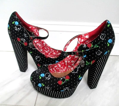 ZAPATOS MARYJANE PUÑO DE HIERRO CALAVERA Y ROSAS LUNARES 5" PLATAFORMA TACONES TALLA 8 EU 39 Foto 1 de 4