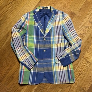 Vintage Polo Ralph Lauren Madras Blazer Men Small Blue Green Cotton Linen 3 Btn - Picture 1 of 8