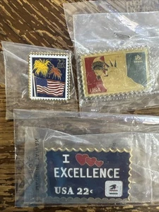 U.S. Post Office Souvenir Stamp Enamel Pins 3 PC USA 18 Cent 22 Cent Vtg Flag - Picture 1 of 5