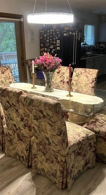 Glass Top Dining Table & 8 Upholstered Chairs – Ornate Column Base - Image 1 of 3