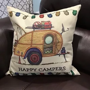 Happy Campers Accent Throw Pillow Slip Cover Fabric Travel Vacation 17" X 17" - Picture 1 of 3