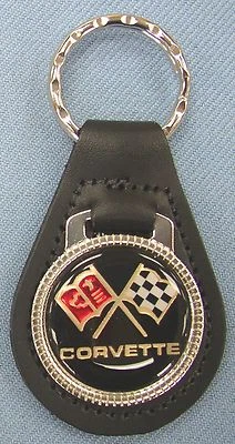 Llavero Chevrolet Corvette negro banderas cruzadas cuero cromo #3266 mediados de año  Foto 1 de 4