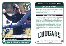 Julio Bruno Signed 2012 Grandstand Kane County Cougars #NNO Card Auto AU