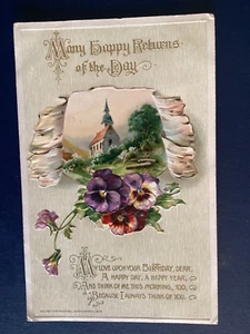 Postcard John Winsch 1913 Happy Birthday Church Flowers Embossed C13 - Bild 1 von 2
