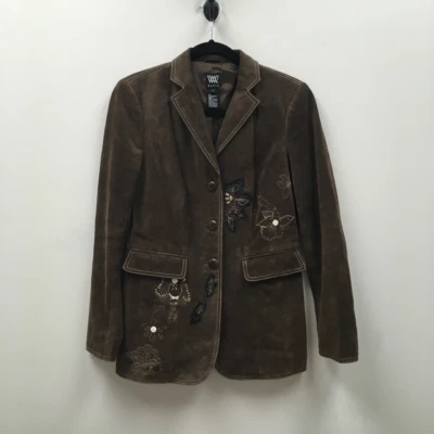 Chaqueta de gamuza Worth para mujer marrón botones bordados flores solapa bolsillos cuello 4 Foto 1 de 4