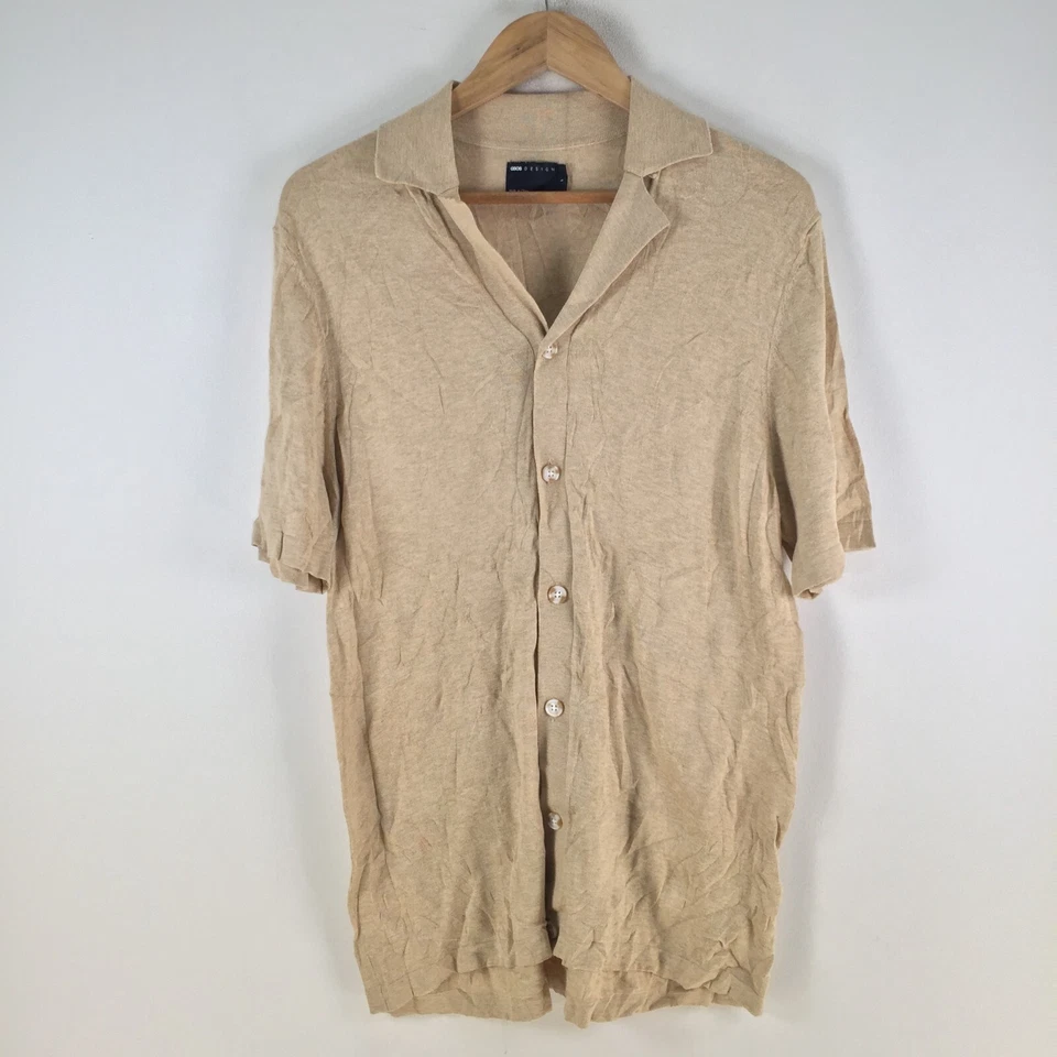 Asos mens knit button up shirt size L beige short sleeve cotton slim 108089 - Image 1 of 4