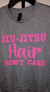 Jiu Jitsu Womens T-Shirt, Girls Jiu Jitsu Hair Don’t Care Top Gray With Hot Pink - Picture 1 of 2