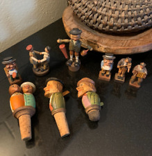 9 Wood Hand Carved Bottle Stoppers & Figurines Some Mechanical & Anri, Italy