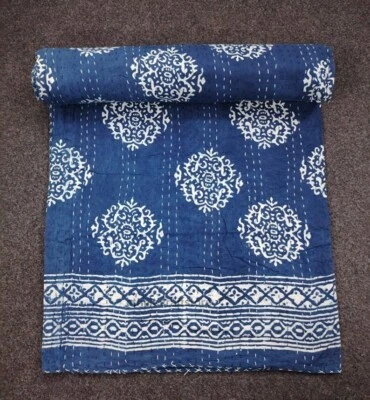 Indian Kantha Handmade Print Cotton Bedspread Quilt Throw Blanket Hand Block - Image 1 of 2