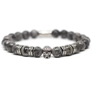 SkeletonHD Bracelet - Valor - Gray Beads/Silver Skulls 8-8.5 - Picture 1 of 1