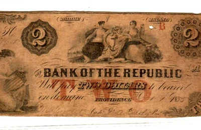 $2 "BANK OF THE REPUBLIC" (RHODE ISLAND) 1800'S $2 "BANK OF THE REPUBLIC" NICE!! - Image 1 of 3