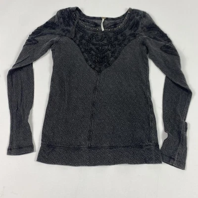 Camisa Free People Mujer Extra Pequeña Gris Térmica Bordada Encaje Tachonado Boho Foto 1 de 4