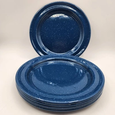 Lote de 6 platos rústicos de cabaña de camping de 8,5" esmaltados moteados azules y blancos Foto 1 de 4