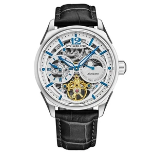 Stuhrling 1019 01 Vanguard Dual Time Automatico Nero Pelle Cinturino Da Orologio - Foto 1 di 4