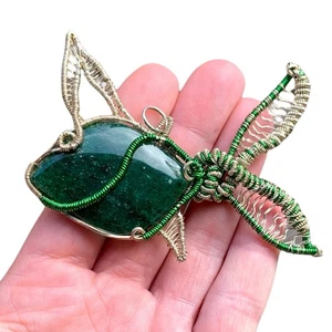 Moss Agate Fish Pendant Sterling Silver Green Wire Wrap Handmade Jewelry Gift - Picture 1 of 8