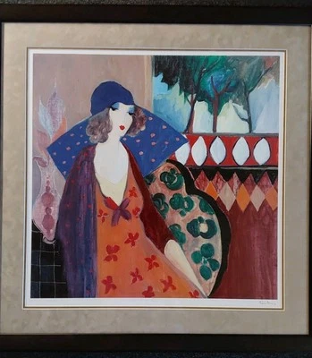 Impresión artística serigráfica enmarcada Itzchak Tarkay “INDIGO CHAPEAU” grande 31”x30 firmada Foto 1 de 4