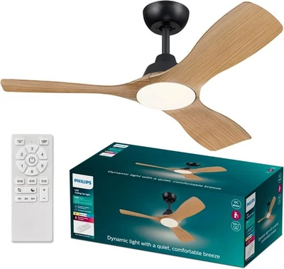 Philips Olas 42" Ceiling Fan, 3 Blades, 24W LED, DC Motor, Dimmable, Black/Wood - Image 1 of 4