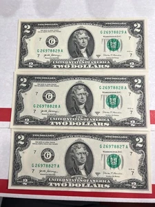 3 Consecutive Serial Number,  2017A , US $2 DOLLAR BILLS Uncirculated - Picture 1 of 2