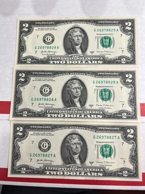 3 Consecutive Serial Number,  2017A , US $2 DOLLAR BILLS Uncirculated - Image 1 of 2