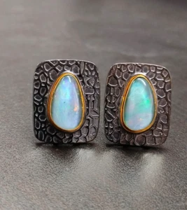 Fire Opal Gemstone Sterling Silver Rectangle Textured Cufflinks Christmas Gift - Picture 1 of 5