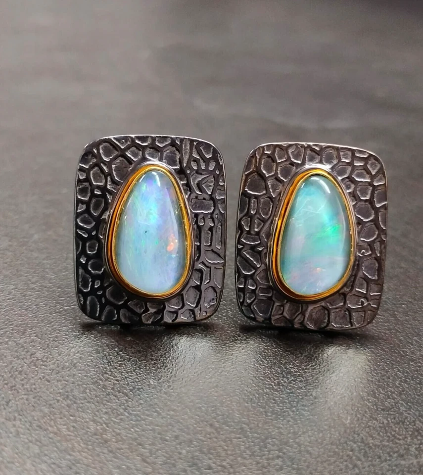 Fire Opal Gemstone Sterling Silver Rectangle Textured Cufflinks Christmas Gift Foto 1 de 1