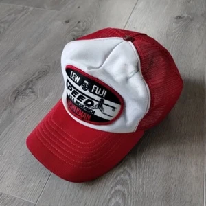 VINTAGE Lew Fuji Speed Fisherman Hat Trucker Cap Snapback Red White Patch USA - Picture 1 of 13