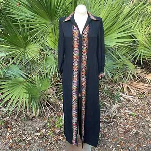 Vintage 70s Shorts Maxi Duster Set Black Embroidered Frederick's of Hollywood 14 - Picture 1 of 13