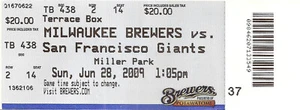 Boleto de béisbol 2009-6-28 Milwaukee Brewers V San Francisco Giants - Imagen 1 de 1