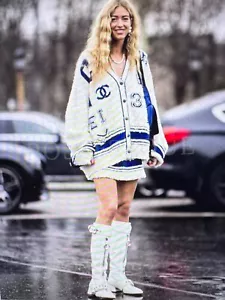 CHANEL 19P MOST WANTED ECRU BLUE VARSITY CC LOGO JACKET CC BUTTONS FR38-36-40 - Picture 1 of 21