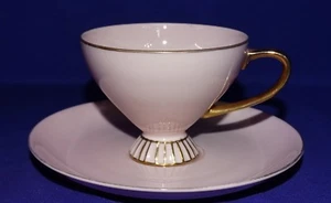 PRETTY VINTAGE LIGHT PINK PORCELAIN CUP & SAUCER JAPAN TRIMMED ACCENTED IN GOLD - Picture 1 of 7